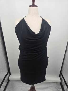 Oh Polly Black Halter Drape Neckline Mini Dress Size US14 (6720)